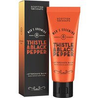 Orange tube of Scottish Fine Soaps Thistle & Black Pepper Aftershave Balm, 75ml, with black cap and matching box.