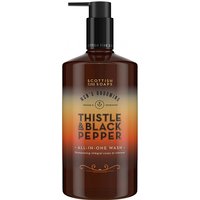 Brown bottle with black pump, labeled "Thistle & Black Pepper All In One Wash" by Scottish Fine Soaps, 500ml.