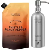 Scottish Fine Soaps Thistle & Black Pepper refill pouch and silver aluminum bottle with pump duo.