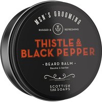 Black tin of Scottish Fine Soaps Thistle & Black Pepper Beard Balm with orange text and vintage design.