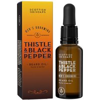 Amber bottle of Thistle & Black Pepper Beard Oil with black dropper, next to matching black and orange box.