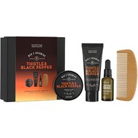 Scottish Fine Soaps beard care kit with black box, orange gradient, balm, oil, wash tube, and wooden comb.