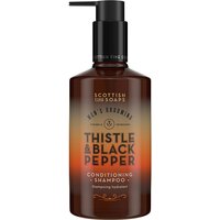 Brown pump bottle of Scottish Fine Soaps Thistle & Black Pepper Conditioning Shampoo, 300ml, with bold black text.