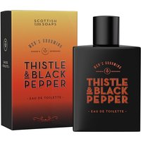 Black rectangular bottle of Thistle & Black Pepper Eau de Toilette, orange text, with matching gradient box.