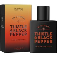 Black rectangular bottle with orange text, "Thistle & Black Pepper Eau de Toilette," beside matching gradient box.