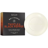 Scottish Fine Soaps Thistle & Black Pepper round white soap with black and orange box packaging.