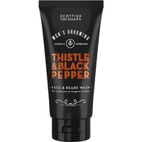 Black tube of Scottish Fine Soaps Thistle & Black Pepper Face & Beard Wash with orange text and flip cap.
