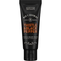Black tube of Scottish Fine Soaps Thistle & Black Pepper Face & Beard Wash, orange text, 75ml size.