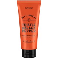 Orange tube of Scottish Fine Soaps Thistle & Black Pepper Hair & Body Wash, black text and cap, 200ml size.