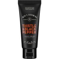 Black tube of Scottish Fine Soaps Thistle & Black Pepper Hand Cream with orange text and flip-top cap.