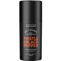 Black cylindrical bottle of Thistle & Black Pepper Moisturiser with orange text and Scottish Fine Soaps branding.