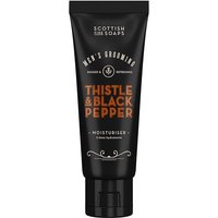 Black tube of Scottish Fine Soaps Thistle & Black Pepper Moisturiser, 75ml, with orange text and black cap.