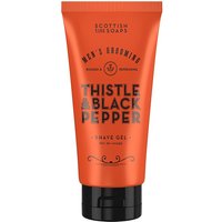Orange tube of Scottish Fine Soaps Thistle & Black Pepper Shave Gel, 150ml, with bold black text and logo.