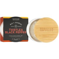Scottish Fine Soaps Thistle & Black Pepper shave soap in wooden bowl, black and orange packaging.