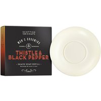 Scottish Fine Soaps Thistle & Black Pepper shave soap refill, round white soap with black and orange packaging.