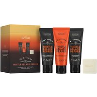 Scottish Fine Soaps Thistle & Black Pepper gift set with orange and black tubes, soap bar, and gradient box.