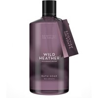 Purple bottle of Scottish Fine Soaps Wild Heather Bath Soak 500ml with a tag and white text.