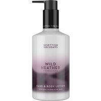 White and purple pump bottle of Scottish Fine Soaps Wild Heather Hand & Body Lotion, 300ml, with black dispenser.