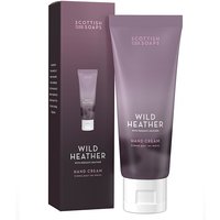 Purple tube of Wild Heather hand cream with white cap, beside matching carton, by Scottish Fine Soaps.