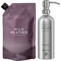 Purple pouch and silver bottle of Scottish Fine Soaps Wild Heather Hand Wash, 1.2ltr refill with pump dispenser.