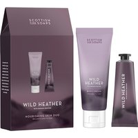 Purple Scottish Fine Soaps Wild Heather Nourishing Skin Duo Set with lotion and cream in sleek tubes and box.