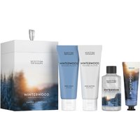 "Scottish Fine Soaps Winterwood set with blue and white tubes, clear bottle, and box featuring a winter forest design"