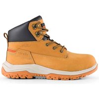 Tan Scruffs Ridge safety boots, size 11/46, with black collar, metal eyelets, and rugged orange sole.