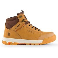 Tan Scruffs Switchback 3 safety boot, size 8/42, with brown accents, padded collar, and white sole with orange grip.