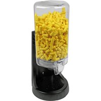 Clear dispenser filled with yellow disposable ear plugs, mounted on a black base.