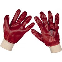 Red Sealey PVC knit wrist gloves, X-Large, with beige cuffs, glossy finish, and ergonomic design.