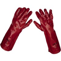 Red Sealey PVC gauntlet gloves with glossy finish and extended cuffs for protection.