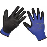 Black and blue Sealey precision grip gloves, X-Large, with textured palms and elastic cuffs.