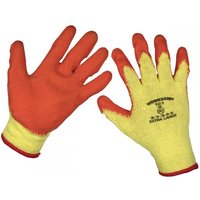 Yellow knitted gloves with red latex palms and fingertips, Sealey logo on back, X-Large size.