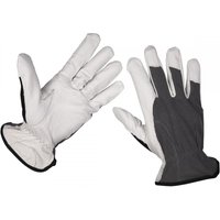 White and gray Sealey 9136XL Super Cool Hide Gloves, X-Large, with black trim and reinforced fingers.