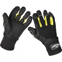 Black Sealey anti-vibration gloves, X-Large, with yellow accents, padded palms, and adjustable wrist straps.