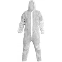 White Sealey 9601XL disposable coverall with hood, zipper front, elastic cuffs, and ankles, size X-Large.
