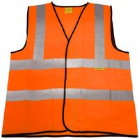 Hi-vis orange waistcoat with reflective silver stripes, black trim, designed for site and road use, medium size.
