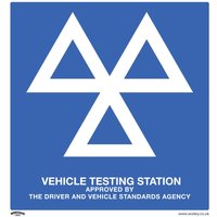 Blue Sealey aluminium composite sign with white MOT logo and text "Vehicle Testing Station Approved by DVSA".
