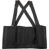 Black Sealey back support belt with adjustable straps and Velcro closure, featuring shoulder suspenders for added support.