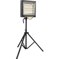 Black Sealey ceramic heater on adjustable telescopic tripod stand with rectangular heating element.