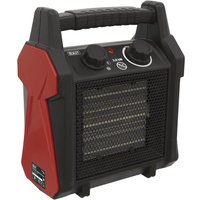 Black and red Sealey CH28 industrial ceramic fan heater with two control knobs and a sturdy handle.