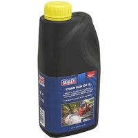Black Sealey Chainsaw Chain Oil bottle with yellow cap and blue label featuring product details and images.
