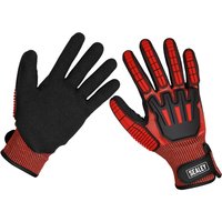 Red and black Sealey cut and impact resistant work gloves with textured palms and reinforced knuckles.