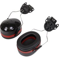 Black and red Sealey Deluxe Clip On Ear Defenders with adjustable wire frames and cushioned ear pads.
