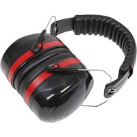 Black and red Sealey Deluxe Folding Ear Defenders with padded headband and adjustable metal arms.