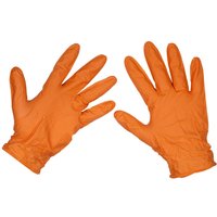 Orange Sealey Diamond Grip nitrile gloves, extra thick, powder-free, textured surface for enhanced grip.