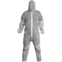 White Sealey disposable overalls with hood and front zipper closure.