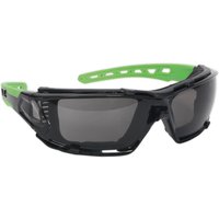 Sealey Eva Foam Anti-Glare Safety Spectacles, black frame, tinted lenses, green adjustable arms.