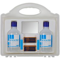 Sealey EWS01 Eye/Wound Wash Station with two bottles, mirror, and two dressings in a white plastic case with handle.