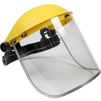 Yellow Sealey face shield with clear visor and adjustable black headband.